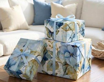Hydrangea Wrapping Paper Blue Botanical Gift Wrap Roll Flower Lover Nantucket Style Garden Present Packaging Floral Vintage Inspired Cover