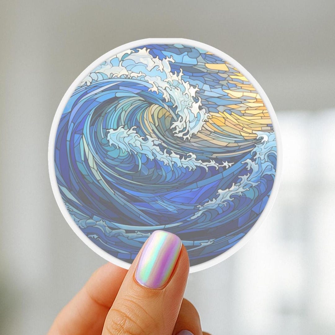 Stained Glass Ocean Wave Sticker Round Sunset Decal Coastal Beach ...