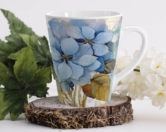 Antique Floral Latte Mug Vintage Inspired Blue Hydrangea Wide Mouthed Cup Gift For Mom Blue  Coffee Ceramic Drinking Vessel Mothers Day