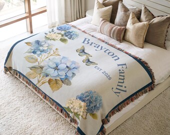 Hydrangea Family Name Woven Blanket Personalized Floral Heavy Weight Throw Flower Lover Gift Present For Mom Nantucket Garden Bedroom Decor