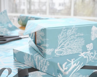 Coral Pattern Wrapping Paper Shell Motif Design Coastal Teal Gift Wrap Roll Elegant Beach Lover Arrangement Seaside Decor Present Packaging