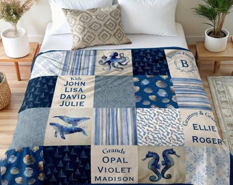 Nautical Patchwork Velveteen Plush Blanket Faux Quilt Personalized Family Throw Blue Coastal Square Design Mother Day Gift Beach House Decor