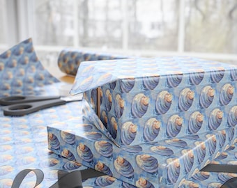 Seashell Pattern Wrapping Paper Coastal Blue Shell Nautical Gift Wrap Hand Painted Clam Art Marine Life Tiled Packaging Beach Lover Present