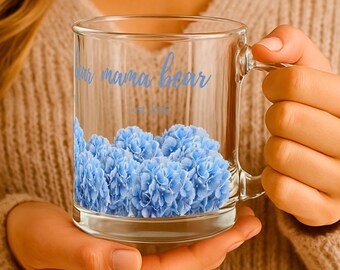 Mama Bear Blue Hydrangea Glass Mug Floral Mothers Day Clear Tea Lover Cup Gift With Customized Date Personalized Hot Drinking Vessel