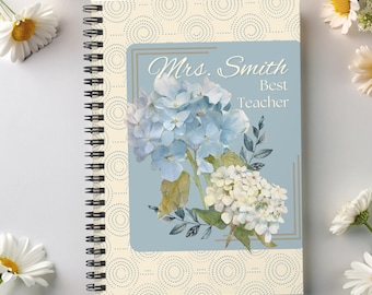 Hydrangea Teacher Spiral Notebook Personalized Daily Classroom Planner Educator Note Taker Blue White Floral Design Custom Activity Record