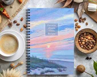 Dziennik rodzinnych przepisów, dziennik ulubionych potraw mamy, spiralny notatnik, pamiątka z jedzenia na Dzień Matki, menu na zachód słońca nad oceanem, codzienny planer zapisów