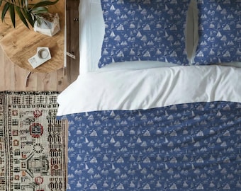 Nautical Toile Sailboat Pattern Microfiber Duvet Cover Sailing Lighthouse Design Coastal Schooner Lover Scene Nantucket Bedroom Set Decor