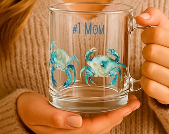 Mom Blue Rock Crab Clear Glass Mug Coastal Green Sea Life Coffee Drinking Vessel Ocean Side Cup Mothers Day Saying Tea Drink Beach Decor