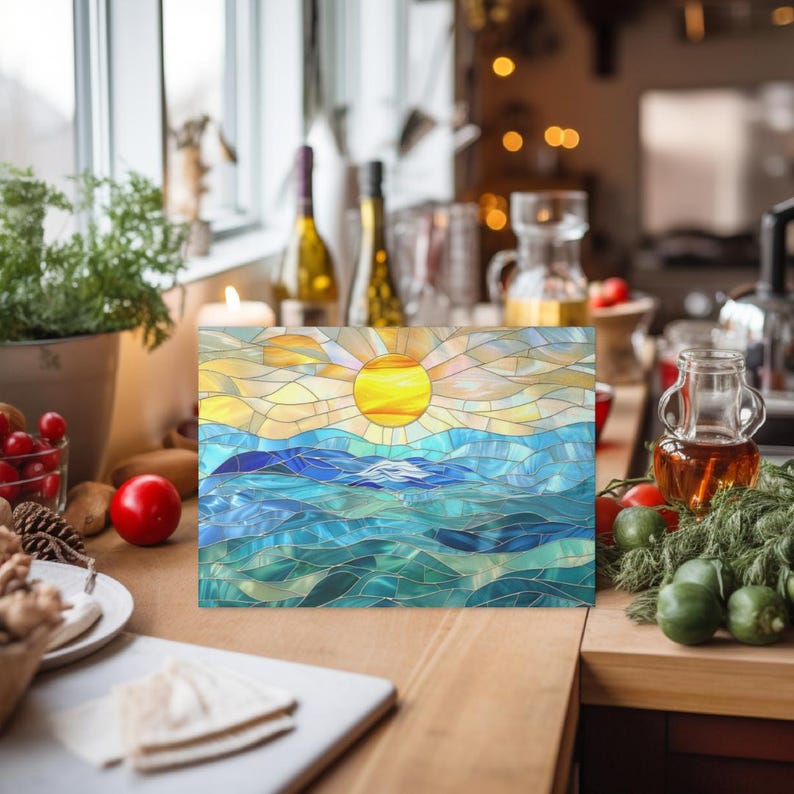 A stained glass style artwork depicting a sunset over a blue ocean. The sun is yellow and orange, the sky is a gradient of yellow, orange, and blue, and the ocean is a deep blue with whitecaps. The artwork is sitting on a wooden table.