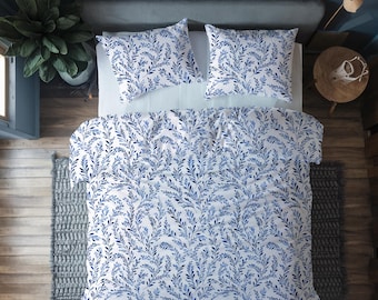 Mediterranean Fern Duvet Cover Botanical Leaf Pattern Bedroom Floral Vine Motif Chinoiserie Cottage Chic Bed Set Classic Coastal Design