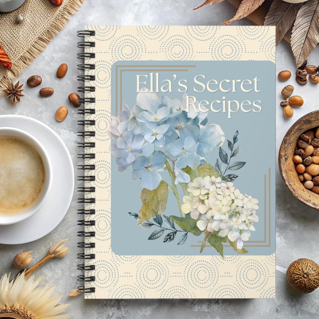 Floral Recipe Journal Personalized Spiral Ruled Notebook Blue Hydrangea ...