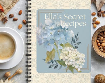 Floral Recipe Journal Personalized Spiral Ruled Notebook Blue Hydrangea Menu Keepsake Cooking Lover Gift Chef Food Design Note keeping