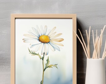 Floral, Daisy Digital Print, White Daisy, Single Stem Flower