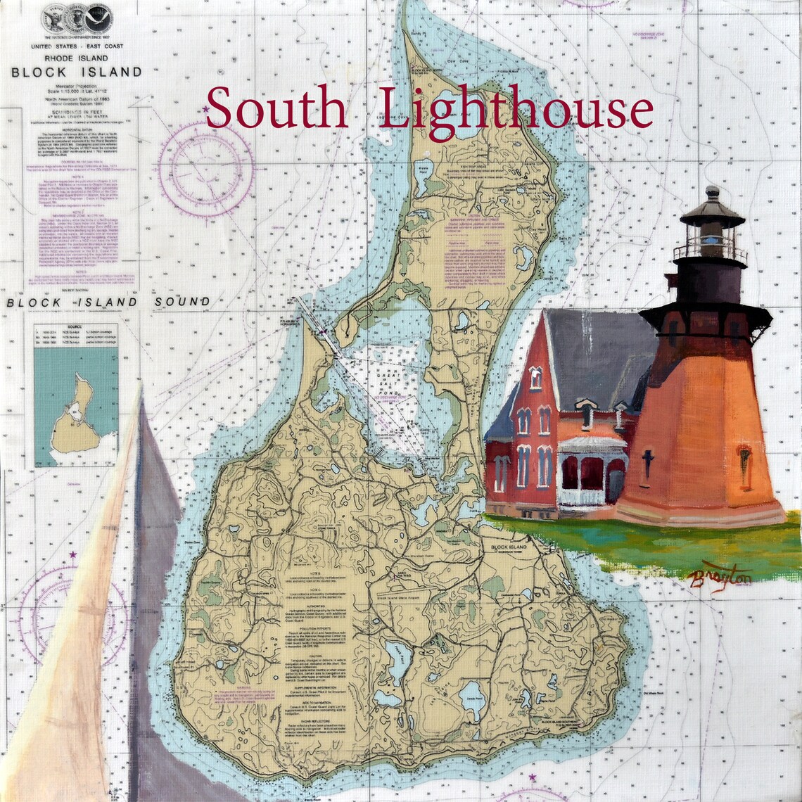 Block Island Lighthouse 12x12 Print on Masonite With Natural Wood Sides