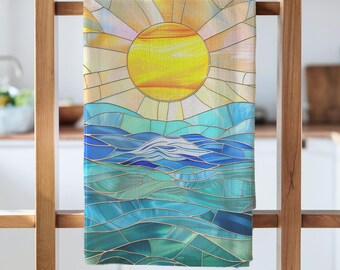 Sunset Ocean Design Tea Towel Cotton Twill Stained Glass Sunset Themed Kitchen Accessory Beach Decor Blue Wave Yellow Sun Coastal Style
