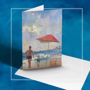Inspiración para el diseño de tarjetas con arte costero: reproducción de pintura de escena de playa, tarjeta de felicitación de bellas artes, mensaje interior en blanco, espacio, vista al mar, navegación