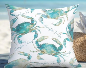 Rock Crab Spun Polyester Square Pillow Personalized Family Name Deck Cushion Boat Name Decor Accent Coastal Sea Animal Design Ocean Inspired
