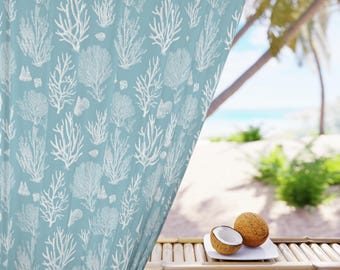 Sea Coral Pattern Window Curtain Coastal Blue Sheer Panel Blackout Window Treatment White Seashell Design Beach House Seaside Decoration