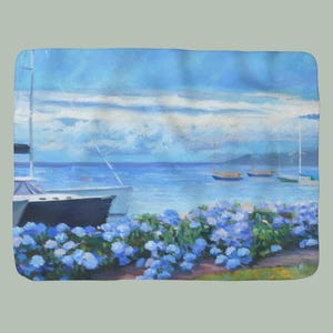 Manta de forro polar Sherpa con hortensias azules, acogedora y cálida manta para sofá, decoración floral para el hogar, suave y afelpada, regalo para amantes de las flores.