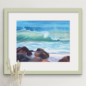 Ocean Wave Wall Art Green Rolling Wave Poster Coastal Home Decor Soft Pastel Ocean Rocks Print Seaside Lovers Gift Art Print Original Art