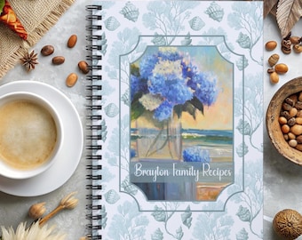Hydrangea Seaside Recipe Book Personalized Vintage Inspired Spiral Menu Journal Family Recipe Keepsake Mothers Day Gift Coastal Seashell Art