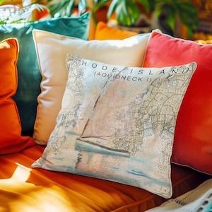 Coussin pour carte marine du Rhode Island, coussin carré en polyester filé avec motif carte côtière, cadeau unique pour marin, coussin décoratif maritime