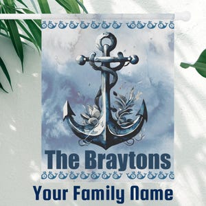 Personalized Anchor Garden Flag Nautical Blue Ocean House Banner Outdoor Coastal Decor Family Name Streamer Seaside Beach House Home Gift