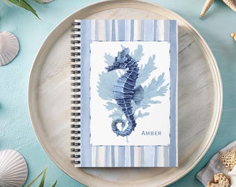 Coastal Seahorse Illustration Spiral Notebook Seaweed Ruled Memory Journal Beach Lover Diary Sea Art Note Taker Personalized Ocean Gift