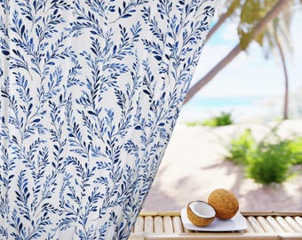 Blue Botanical Leafy Motif Curtain Mediterranean Fern Window Treatment Blackout Panel Coastal Vine Cottage Chic Home Decor Sheer Chinoiserie
