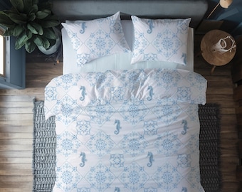Blue Seahorse Medallion Pattern Duvet Cover Spiral Shell Coastal Bedding Set Nantucket Inspired Seashell Design Elegant Bedroom Decoration