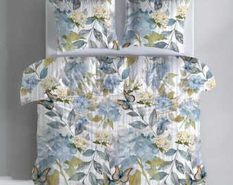 Blue Hydrangea Duvet Cover Set Bedroom Makeover Cottage Style Butterfly Bedroom Decor Inspiration Floral Design Watercolor Print Microfiber