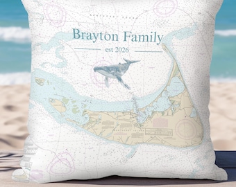 Nantucket Chart Spun Polyester Square Pillow Ocean Island Map Yacht Water Resistant Cushion Personalized Family Moniker Custom Boat Name