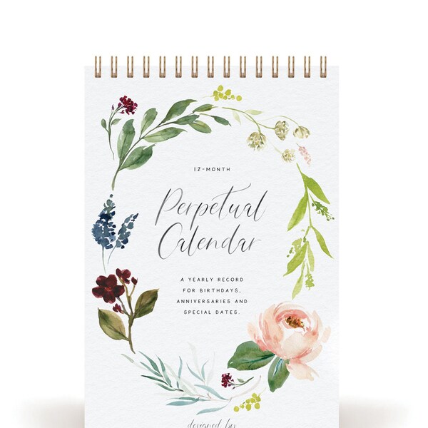 PRINTED Botanical Floral Perpetual Calendar, 12-Month yearly Calendar for birthdays and anniversaries, Events & Dates Reminder Pad