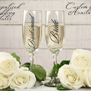 Personalised Wedding Vinyl Decals For Champagne Flute Glass Decals Personalised Wedding Celebration Hen Do | Bride Bridesmaid Groom