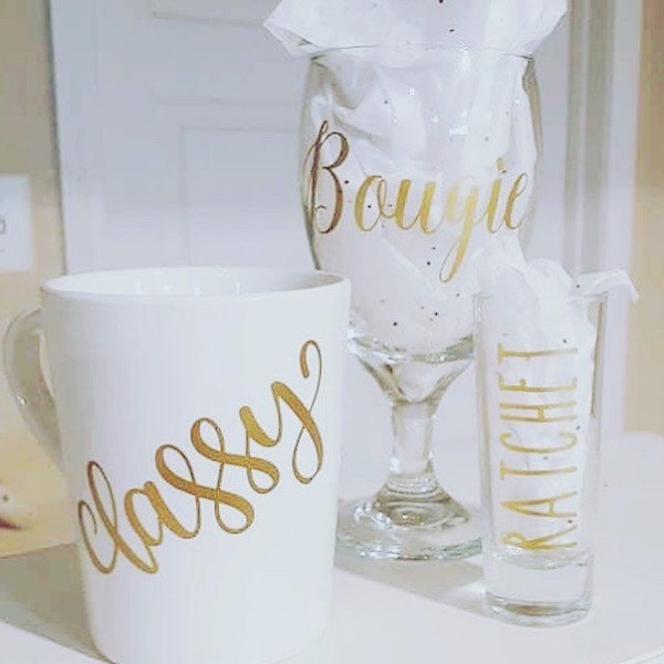 Classy Bougie Ratchet Personalised Custom vinyl Label Stickers for fitting onto a Mug, Wine Glass & Shot Glass Set. weddings/Birthdays Gifts