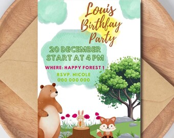 Invito di compleanno per ragazzi con affascinanti animali del bosco: perfetto per una festa a tema forestale DOWNLOAD DIGITALE