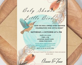 Elegante invito per baby shower con uccello e piume – Biglietto stampabile digitale con design personalizzabile. DOWNLOAD DIGITALE