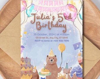 Invito di compleanno animale pastello digitale per una ragazza o un ragazzo - DOWNLOAD DIGITALE personalizzabile e stampabile