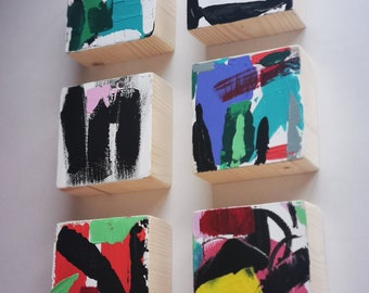 Dipinto originale in legno su blocchi di legno, arte murale - Scultura astratta - Installazione artistica commerciale 10x10x5 cm (4''x4''x2 pollici)