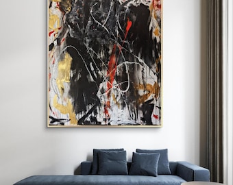 Tela originale per pittura astratta grande oro nero rosso da parete 120x100x3,5 cm 48"x40"x1,4" in