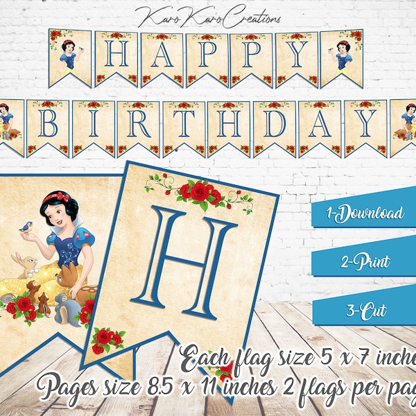 Happy Birthday Banner-Printable Snow White Party Banner-Digital DOWNLOAD-Princess Snow white