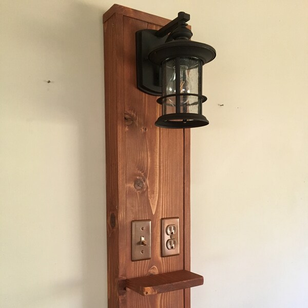 Floating Nightstand with light/Steampunk/Charging Station/Barn wood style/Gunstock stain/Rustic