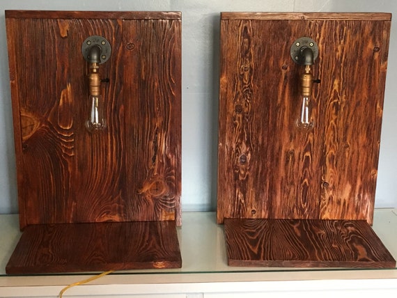 1 Set Of 2 Floating Nightstands Steampunk Lamps Wood Etsy
