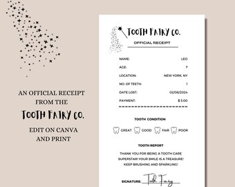 Editable Tooth Fairy Receipt Template: Kids First Tooth (Canva)