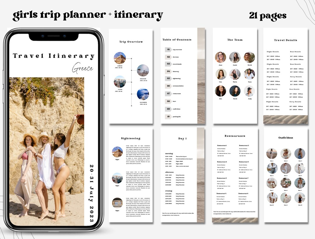 Girls Trip Itinerary and Planner Template, Travel Itinerary, Minimalist