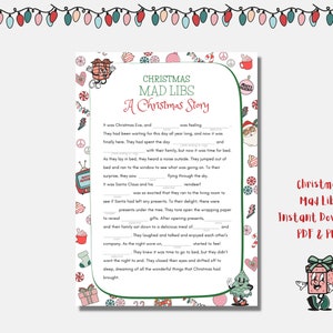 Może przedstawiać: Drukowalna historia Mad Libs na Boże Narodzenie w świątecznej kolorystyce czerwieni, zieleni i bieli. Historia nosi tytuł "Bożonarodzeniowa historia" i zawiera ilustracje świątecznych przedmiotów, takich jak prezenty, laski cukrowe i choinka.