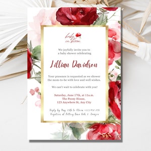 Baby in Bloom Baby Shower Invitation Template, Red Floral Baby Shower Invitation Printable, Red Peonies Baby Shower Template Canva Editable