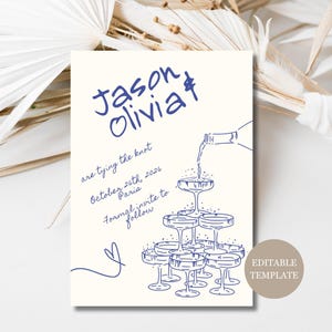 Save the Date Template, Save the Date Hand drawn, Scribble Illustrations, Doodle Wedding, Handwritten Fonts, French Style, Champagne Tower