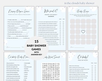 Cloud Baby Shower Games Bundle, Clouds Printable Baby Shower Games Template,  On Cloud 9 Baby Shower Games Bundle Canva Template