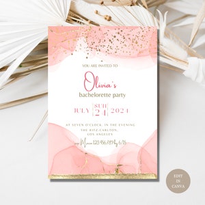 Glitz and Glam Bachelorette Invitation, Bridal Shower Invite, Pink and Gold Evite, Editable Canva Template, Bach Evite, Digital Download